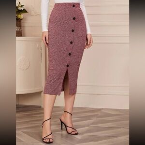 Marled rib knit split front button midi skirt